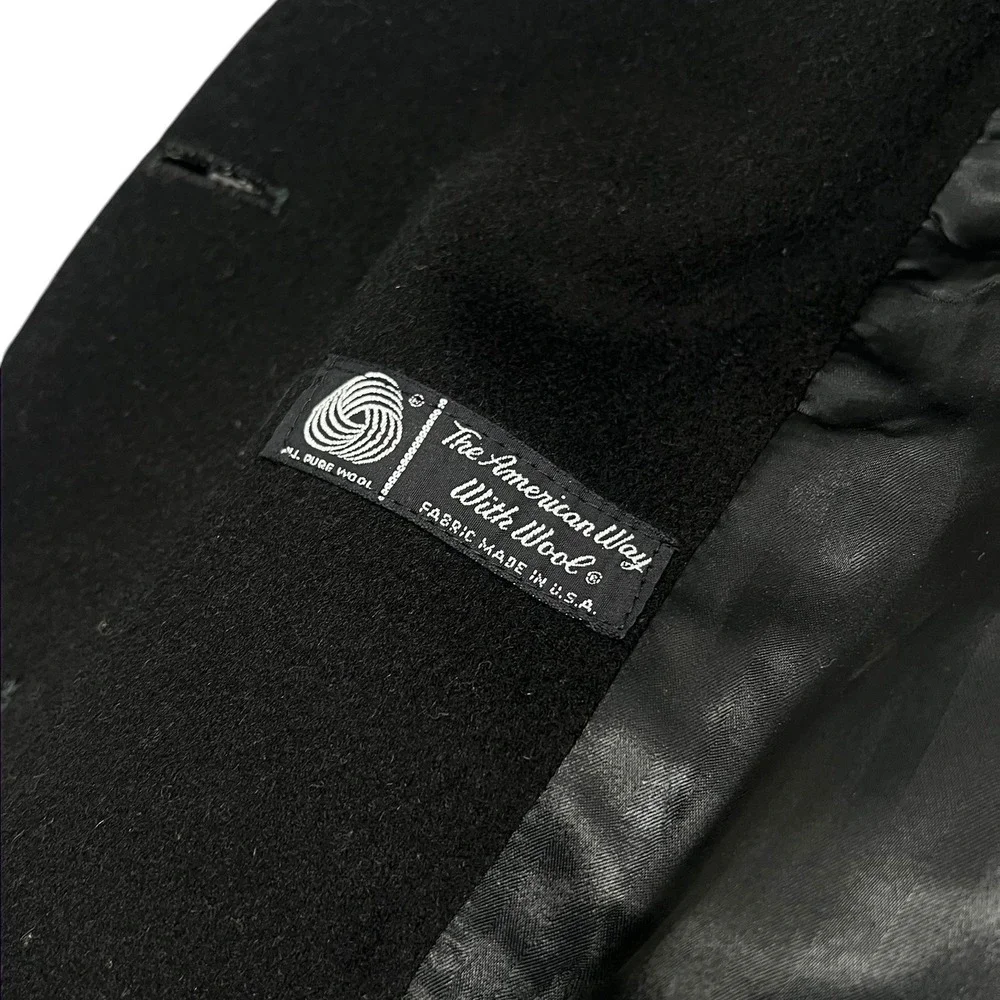Glenart Fashions 1970s Overcoat Mens Black Pure Wool Double Breasted Vintage 44R